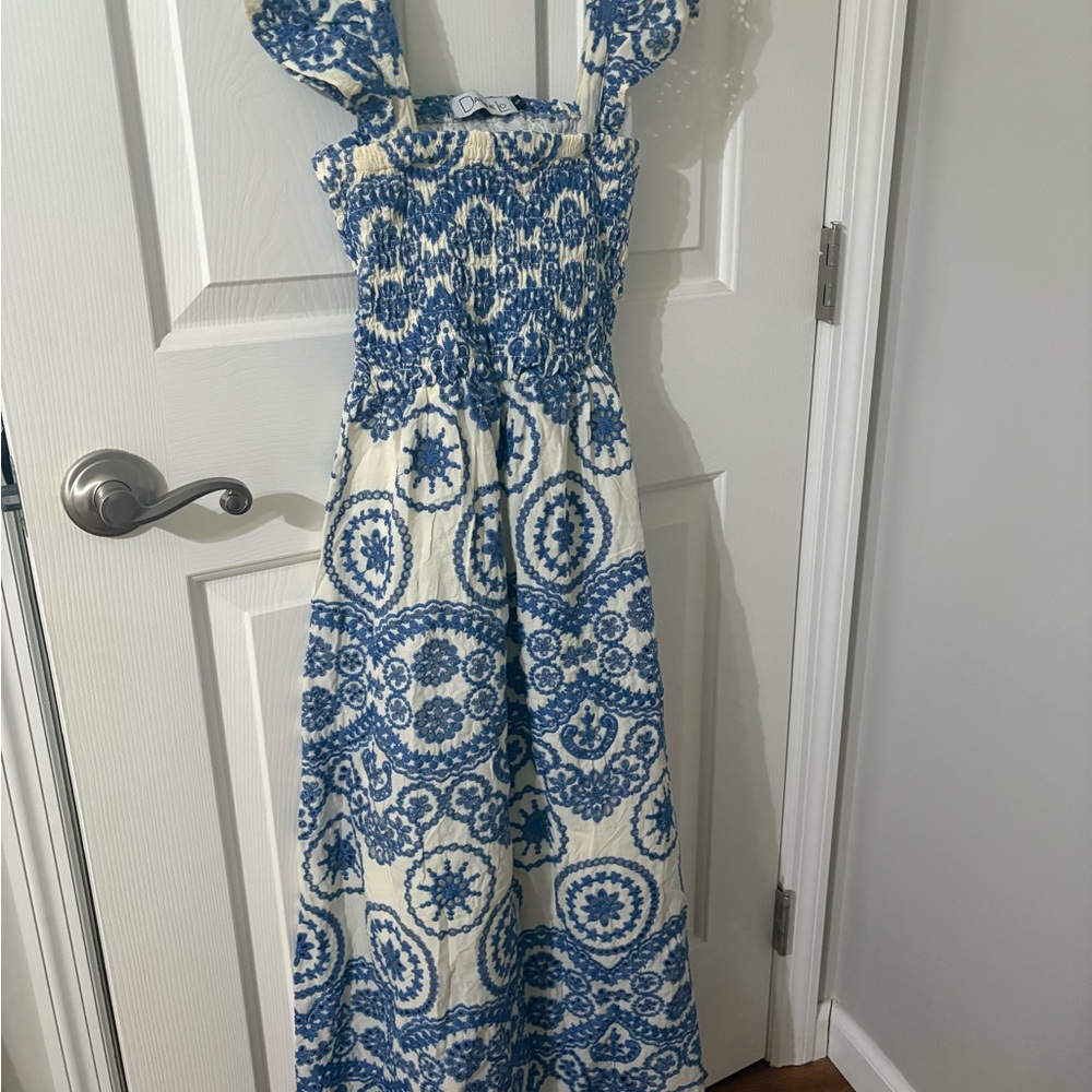 Blue and White Smocked Maxi Dress